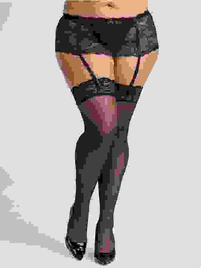 Lovehoney Plus Size Sheer Lace Top Thigh-High Stockings, Black, hi-res